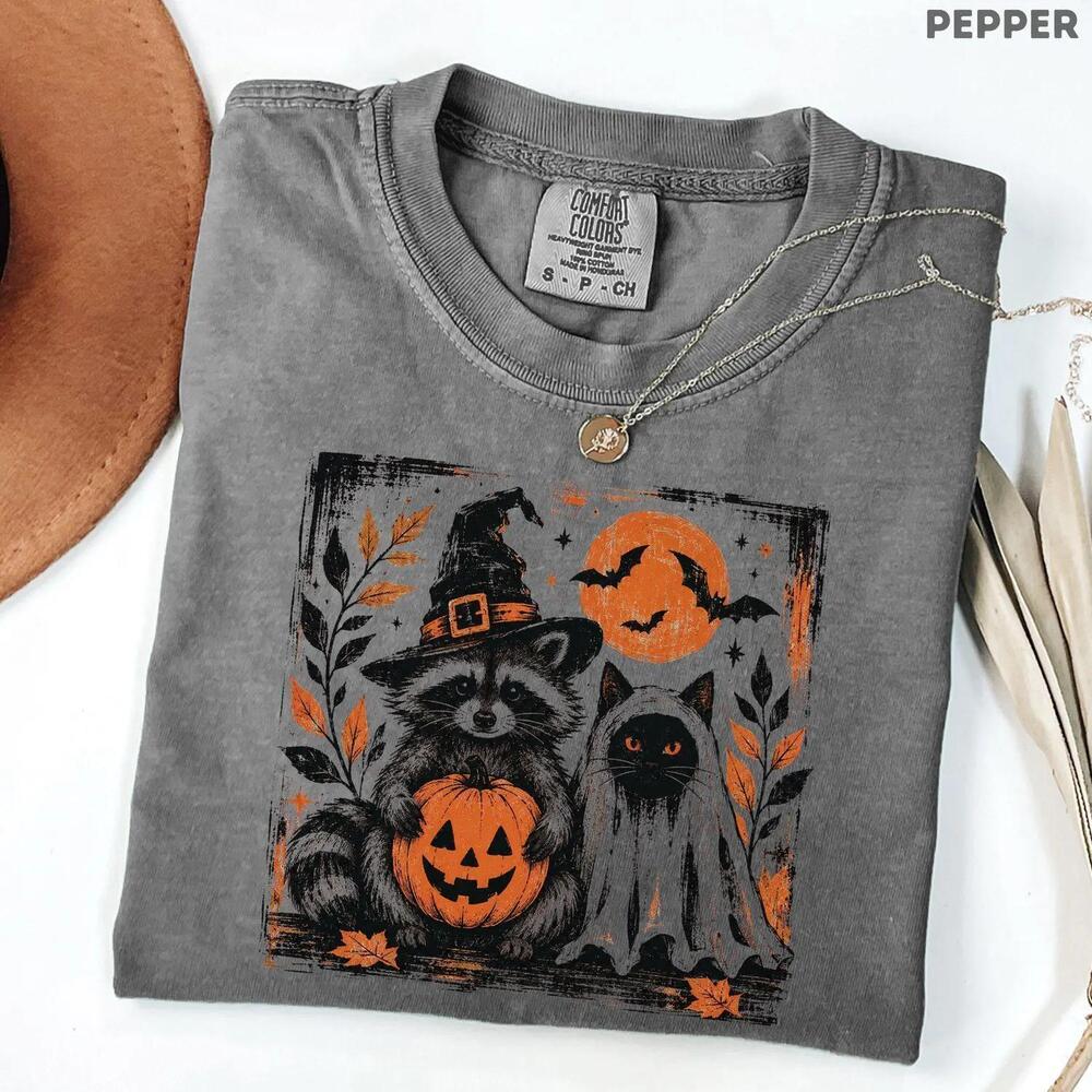 Black Cat Raccoon Halloween Shirt, Cute Spooky Animal Tee, Ghost